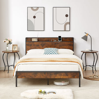 Bed frame with charging station full size, Rustic Brown, 83.1&