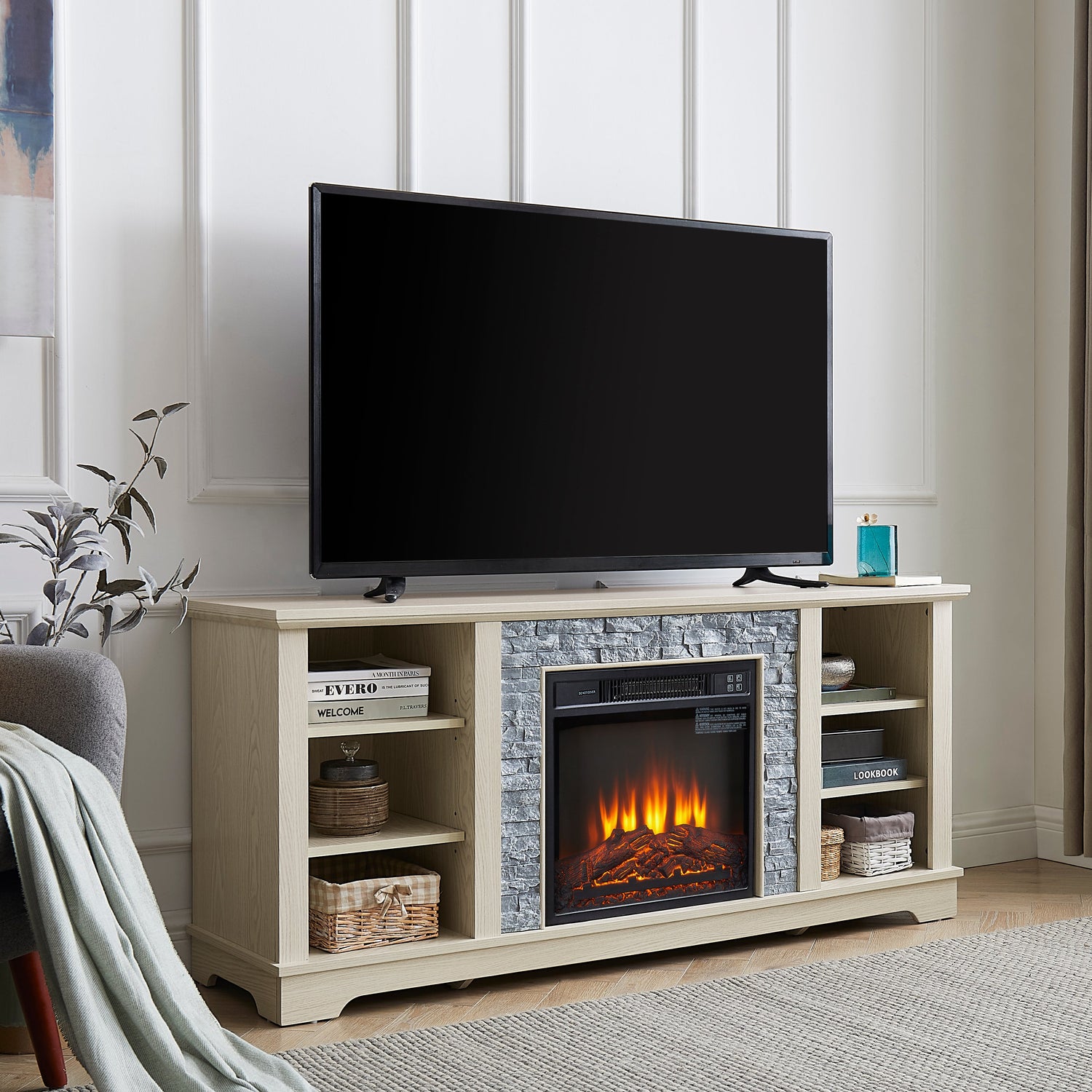 Mantel electric fireplace stone TV media stand, open storage console space, with 18 inch fireplace insert, white