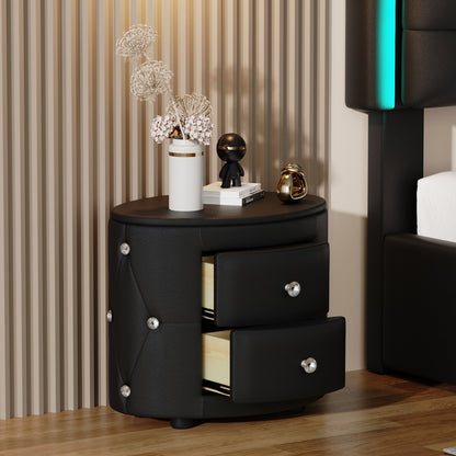 Elegant PU Nightstand with 2 Drawers and Crystal Handle,Fully Assembled Except Legs&amp;Handles,Storage Bedside Table - Black