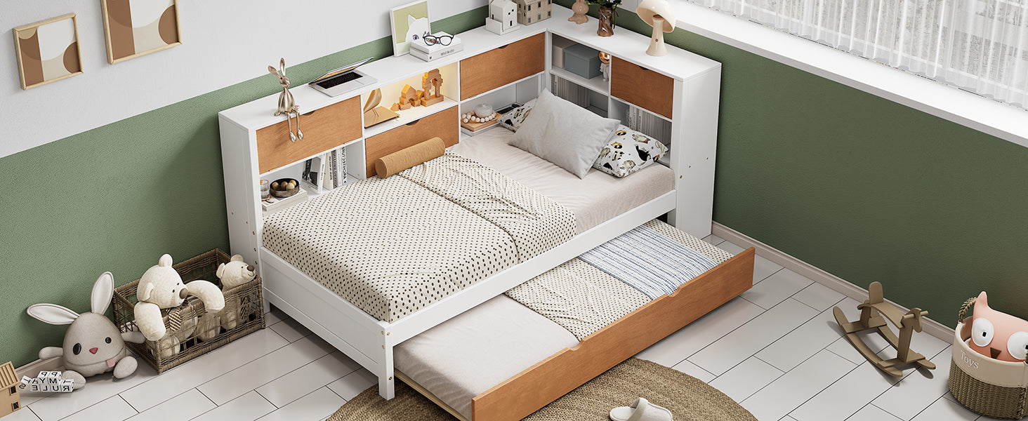 L-shaped bed frame with luggage and bookshelf, corner bed wooden captain&