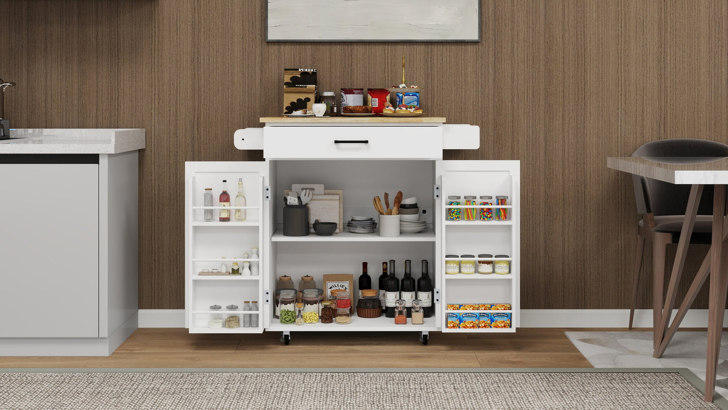 Kitchen island rolling trolley cart with 1 drawer &amp; 2 doors with storage racks &amp; Adjustable Shelves &amp; towel rack