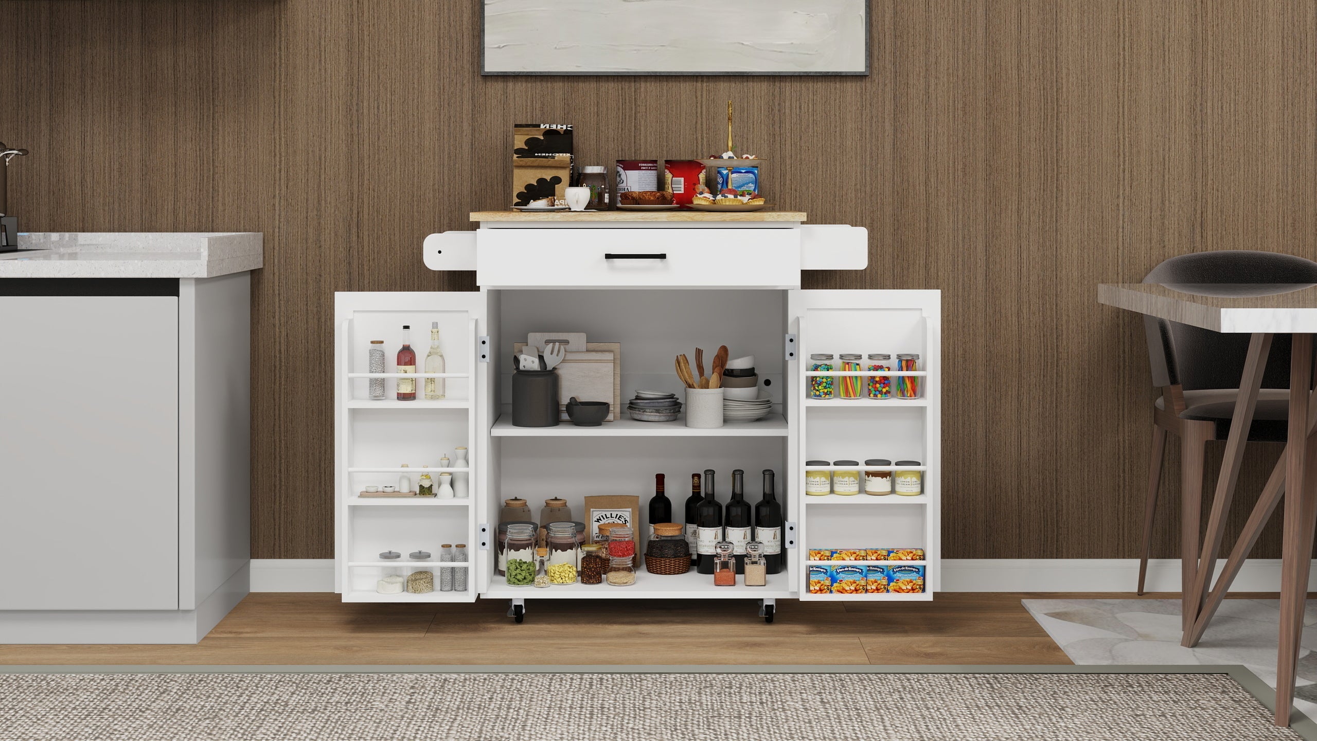 Kitchen island rolling trolley cart with 1 drawer &amp; 2 doors with storage racks &amp; Adjustable Shelves &amp; towel rack