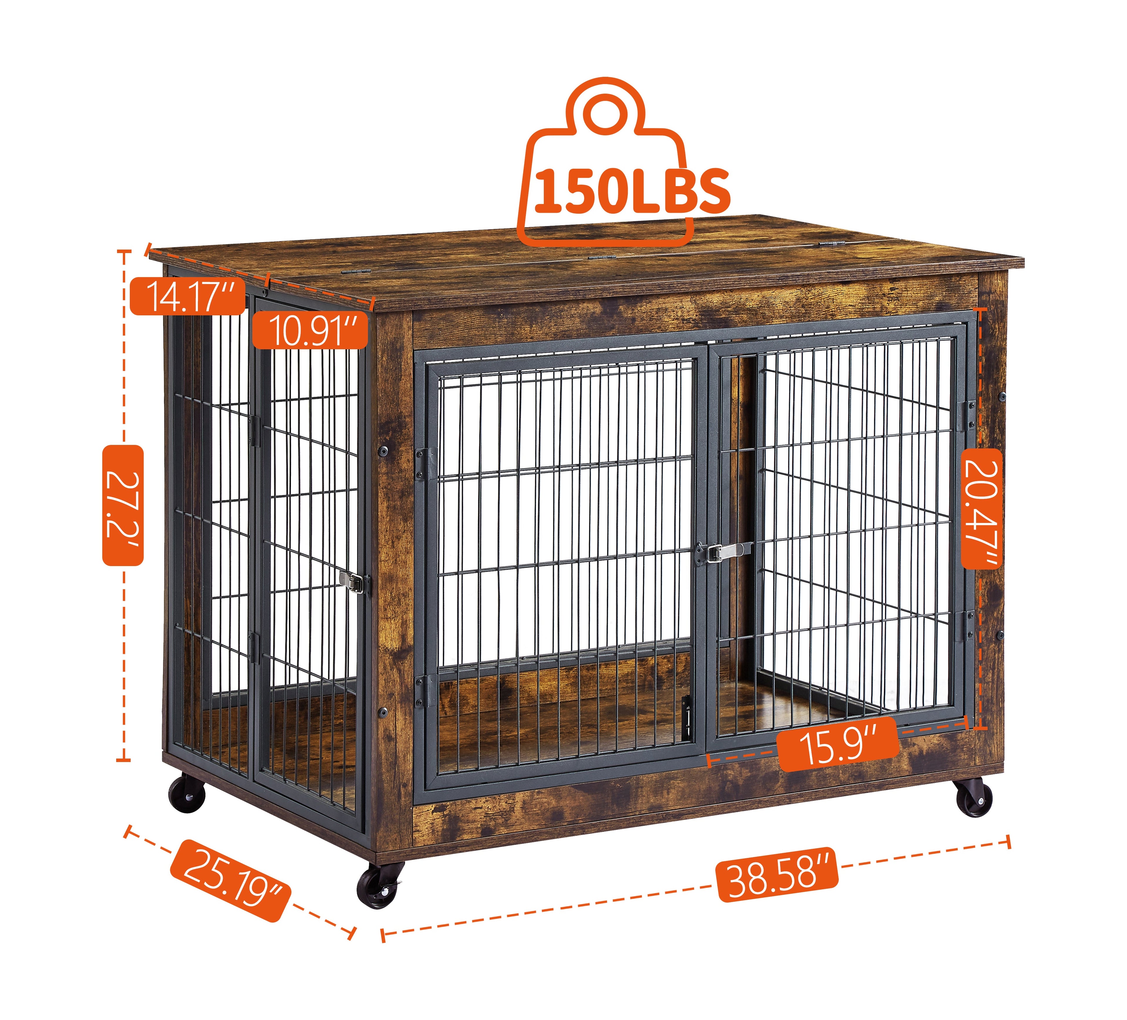 Furniture Dog Cage Crate with Double Doors, Rustic Brown, 38.58&