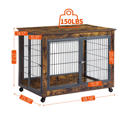 Furniture Dog Cage Crate with Double Doors, Rustic Brown, 38.58&