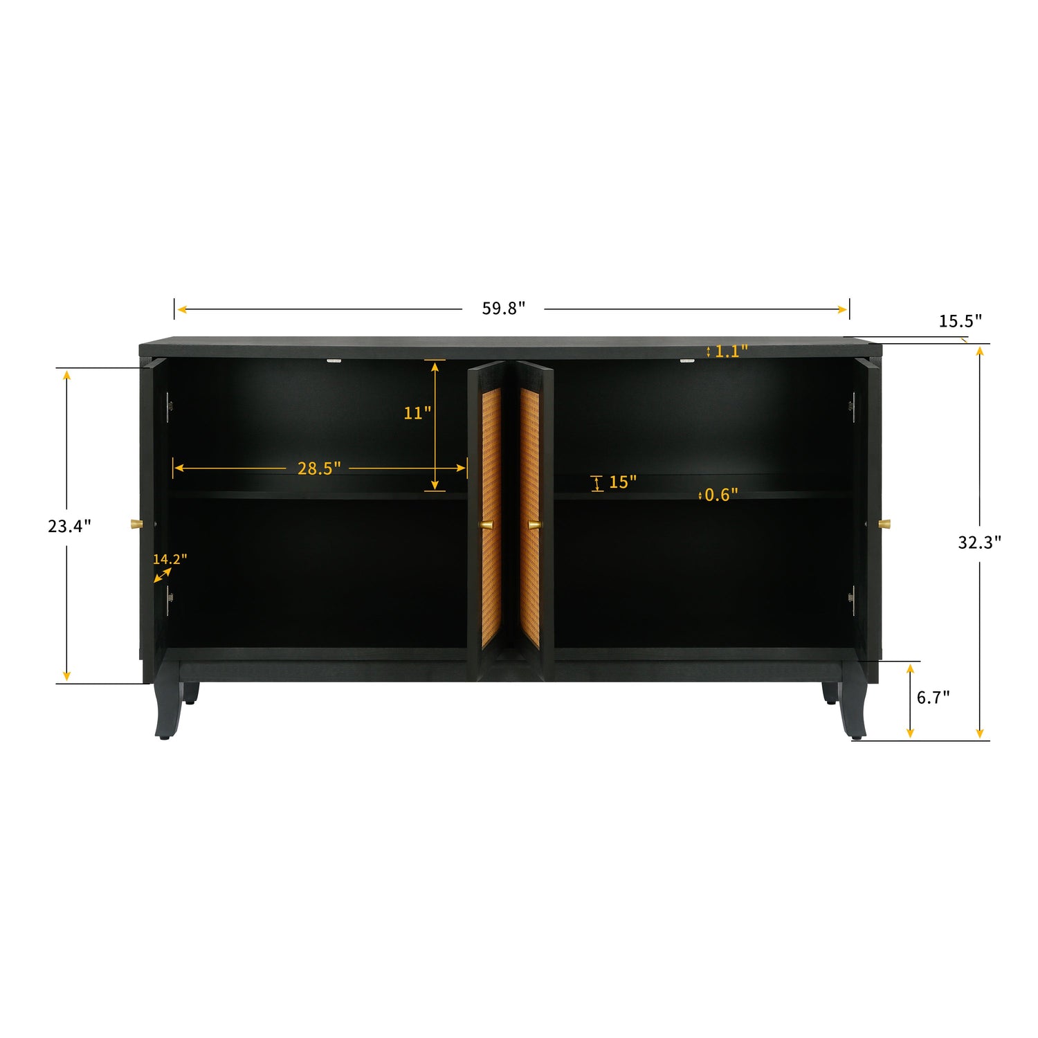 Handcrafted Premium Grain Panels Rattan Sideboard Buffer Cabinet Accent Storage Cabinet With 4 Rattan Doors BLACK