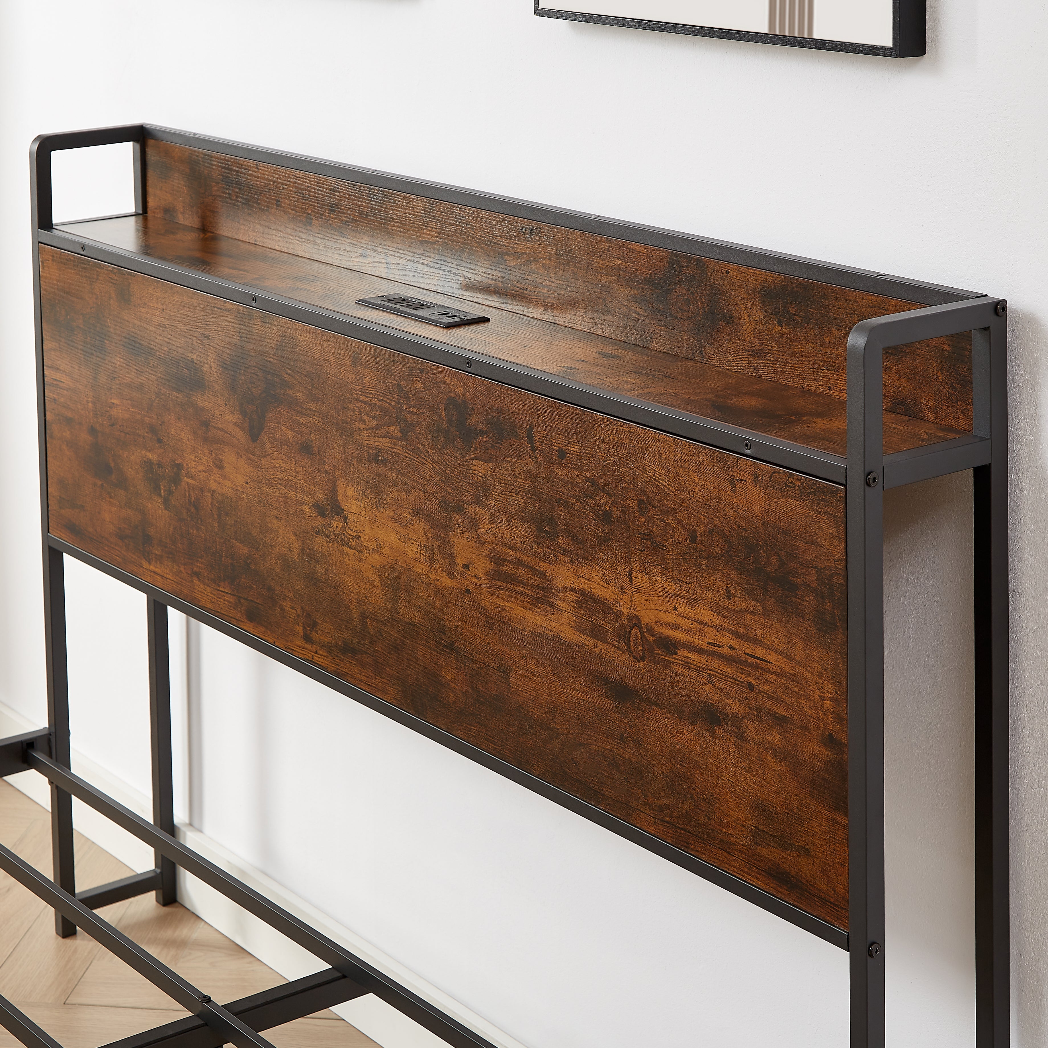 Bed frame with charging station full size, Rustic Brown, 83.1&