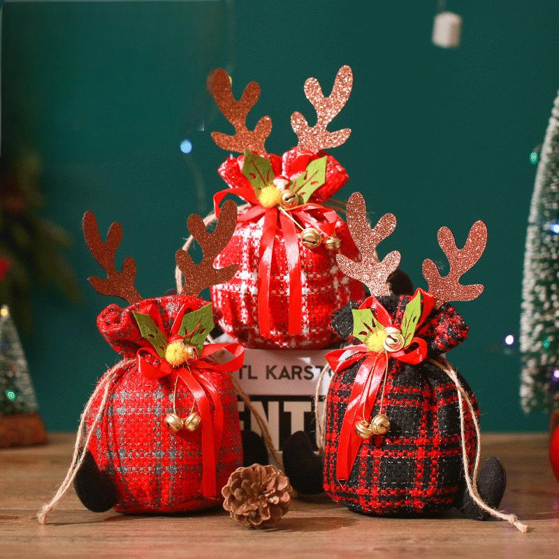 Christmas Apple Bag Antlers Checkered Cloth Gift Bag Christmas Eve Kindergarten Children&