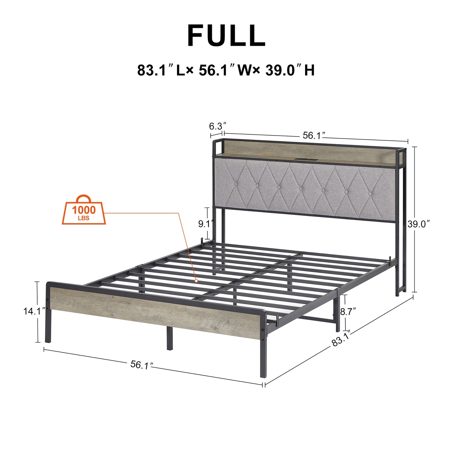 Bed frame with charging station full size, Grey, 83.1&