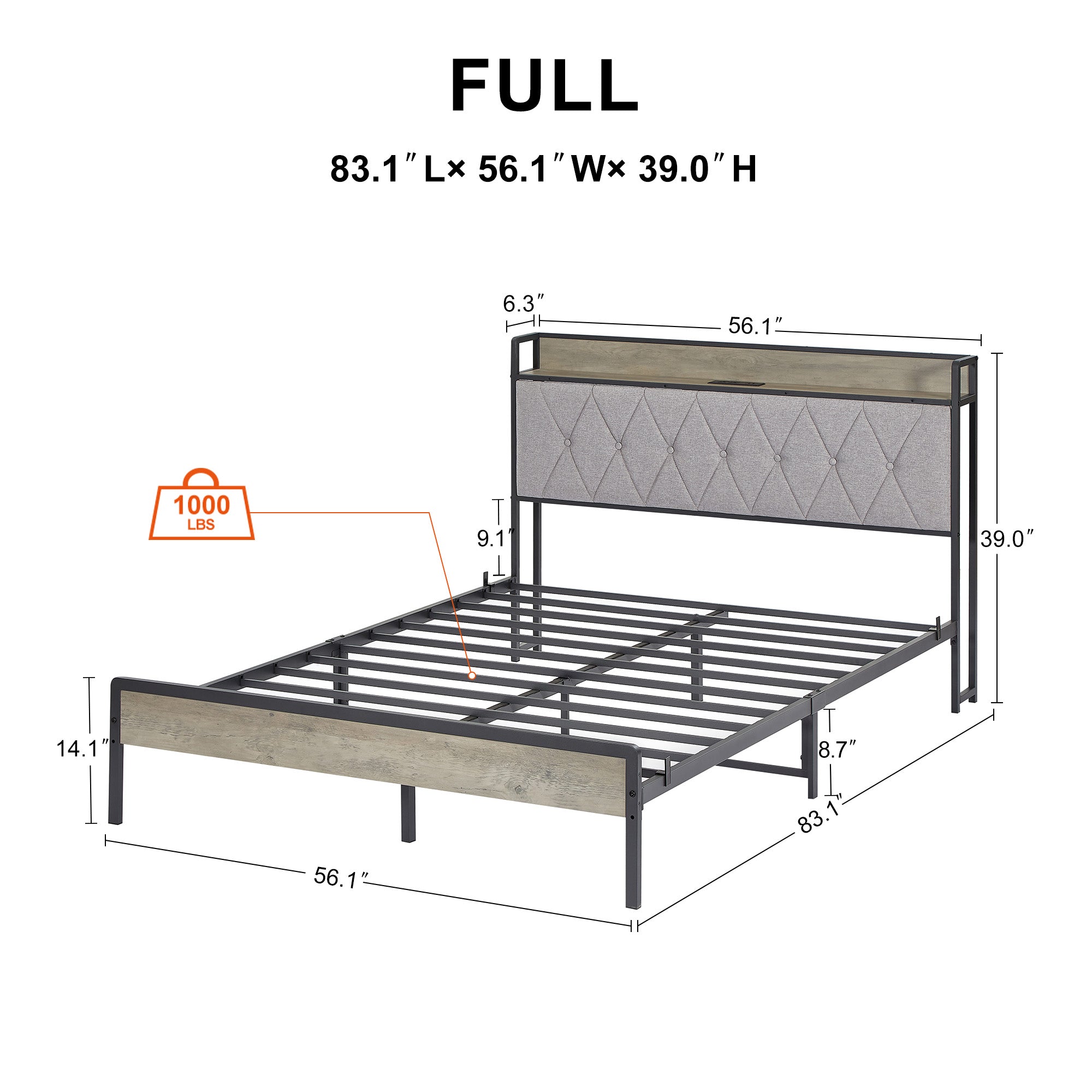 Bed frame with charging station full size, Grey, 83.1&