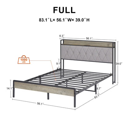 Bed frame with charging station full size, Grey, 83.1&