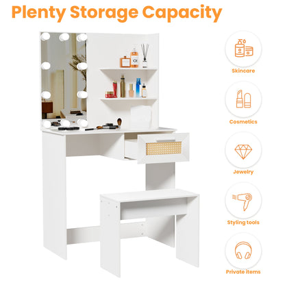 Vanity Desk Set Stool &amp; Dressing Table with LED Lighting Mirror Drawer and Wood Cosmetic Table Chest of Drawers White Color