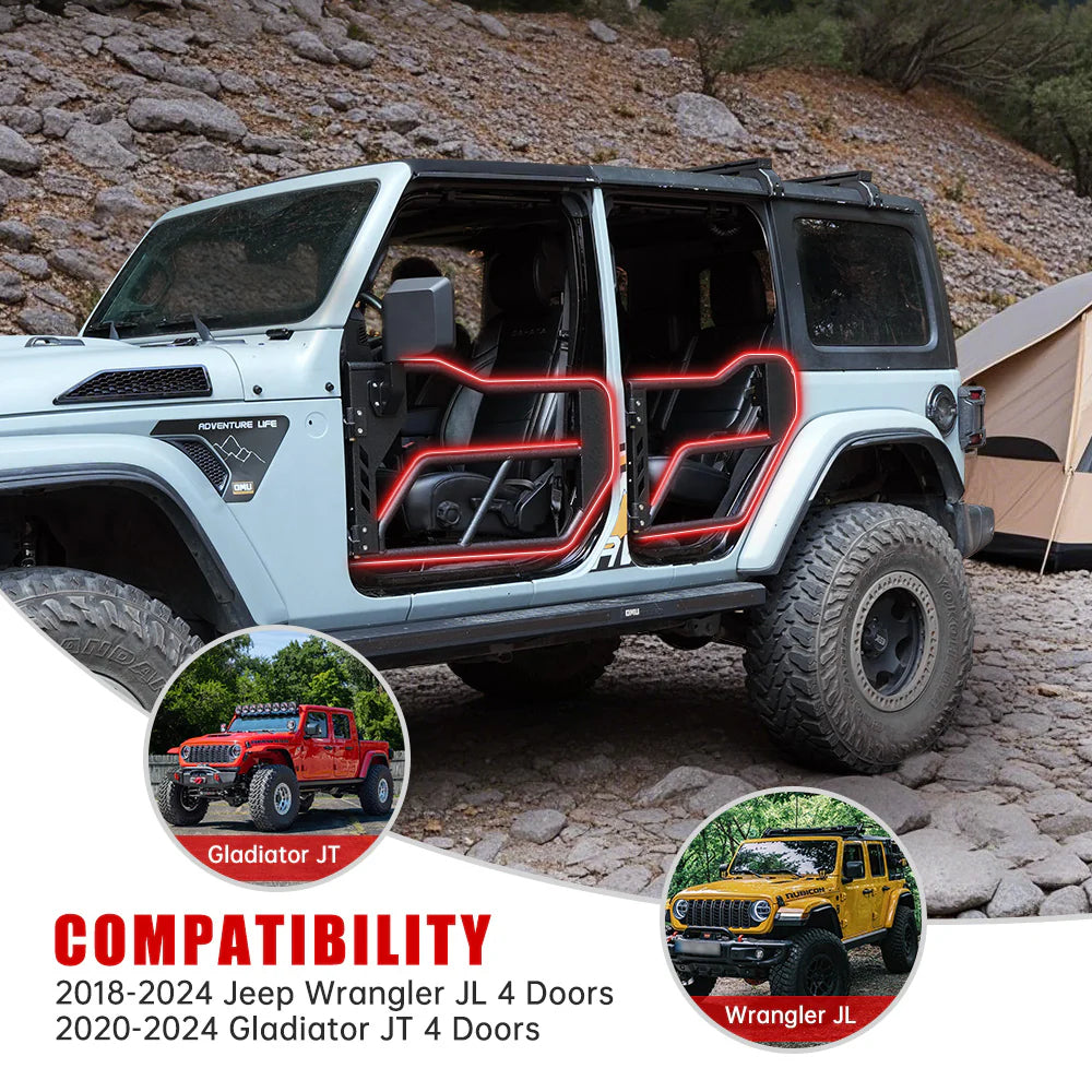 Jeep Tube Doors for Wrangler JL &amp; Gladiator JT (2018-2024) - 4-Pc Set w/Mirrors