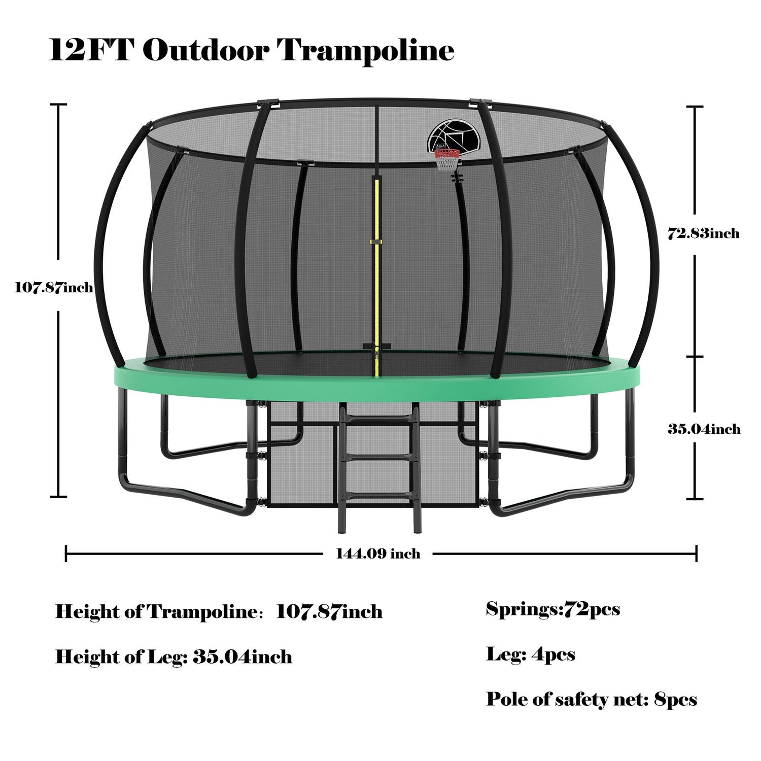 12FT Recreational Kids Trampoline with Safety Enclosure Net &amp; Ladder, Outdoor Recreational Trampolines