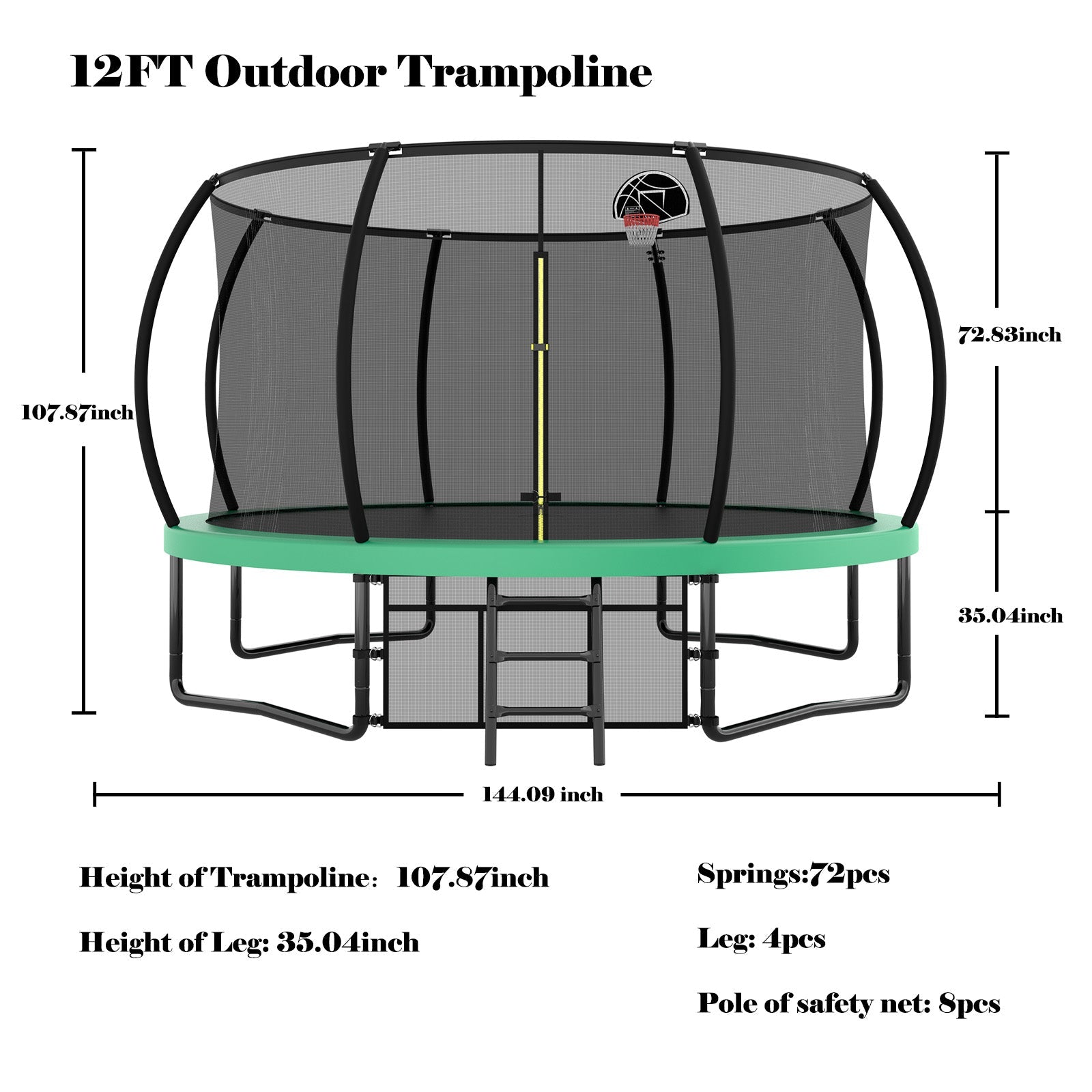12FT Recreational Kids Trampoline with Safety Enclosure Net &amp; Ladder, Outdoor Recreational Trampolines