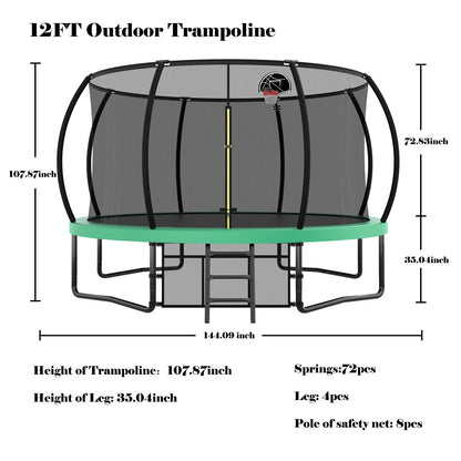 12FT Recreational Kids Trampoline with Safety Enclosure Net &amp; Ladder, Outdoor Recreational Trampolines