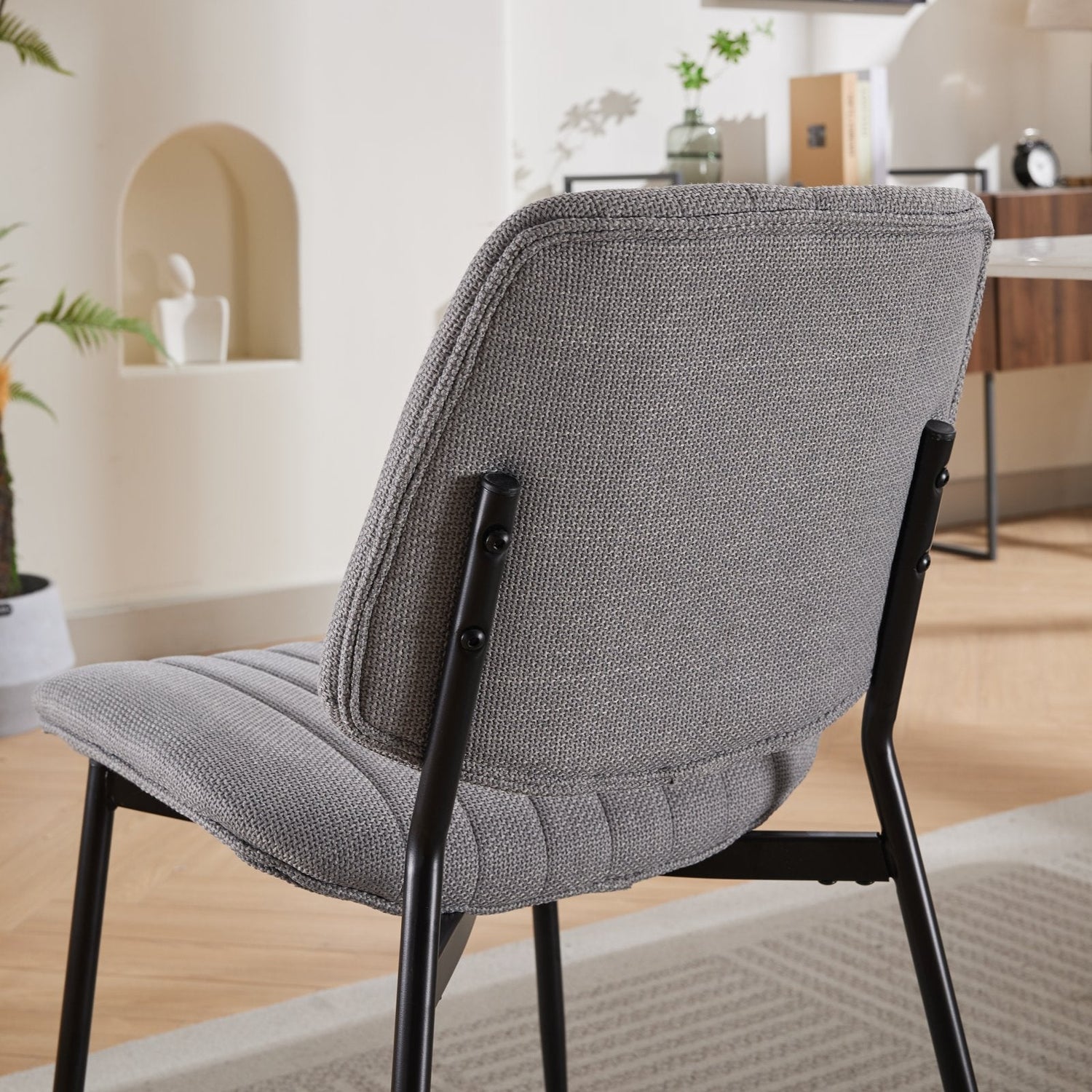 2-piece retro linen chair set with curved wooden backrest, cushioned seat, adjustable metal legs, (gray linen)