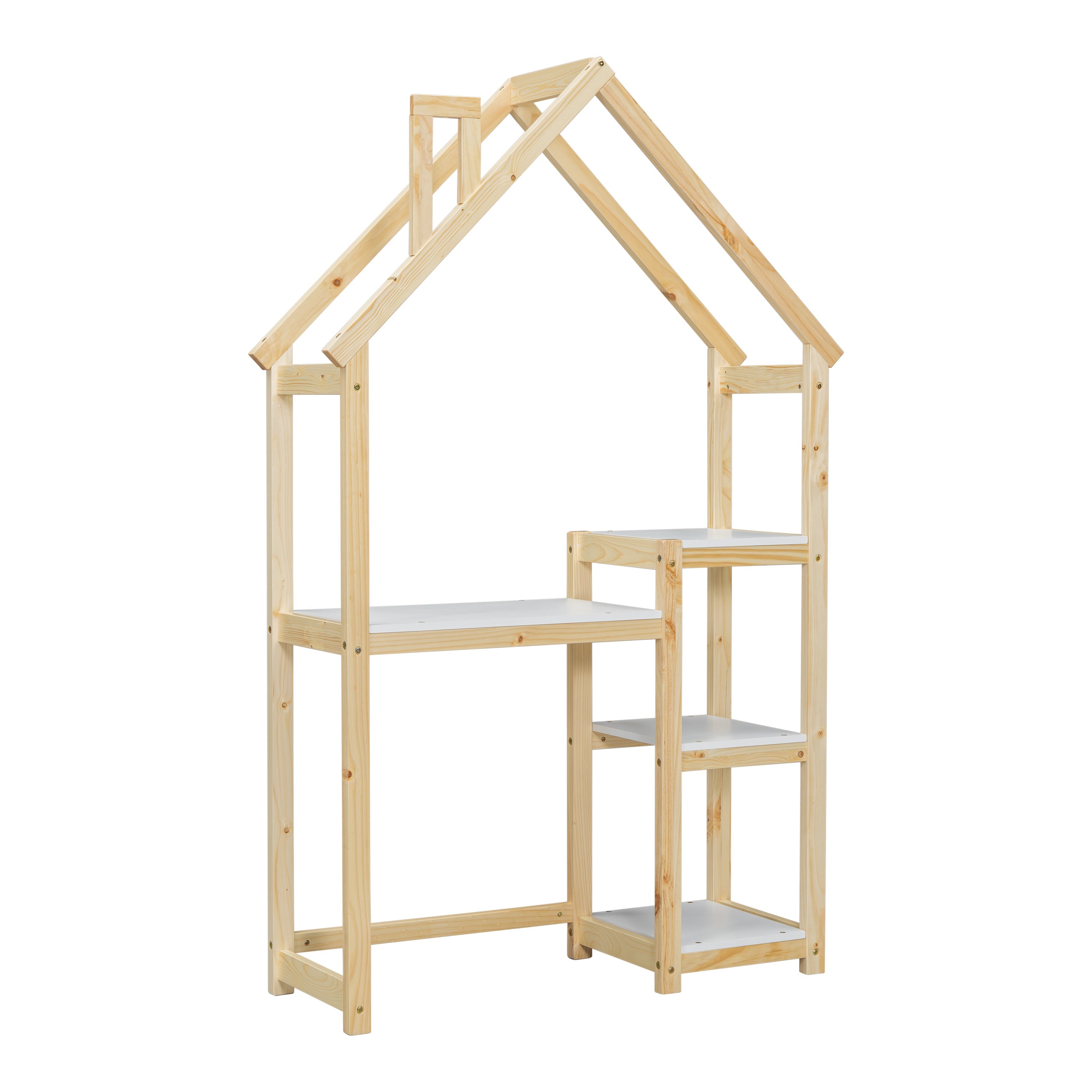House-shaped Wooden writing Desk Kids study Table Bookshelf &amp; Toy Storage Natural