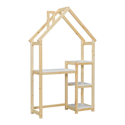 House-shaped Wooden writing Desk Kids study Table Bookshelf &amp; Toy Storage Natural