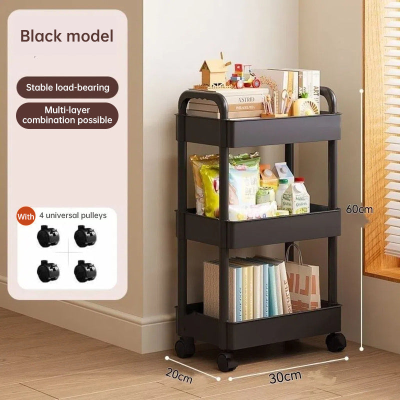 White rolling storage cart. Multifunctional, open shelves for books, ideal for kitchen &amp; bedroom storage