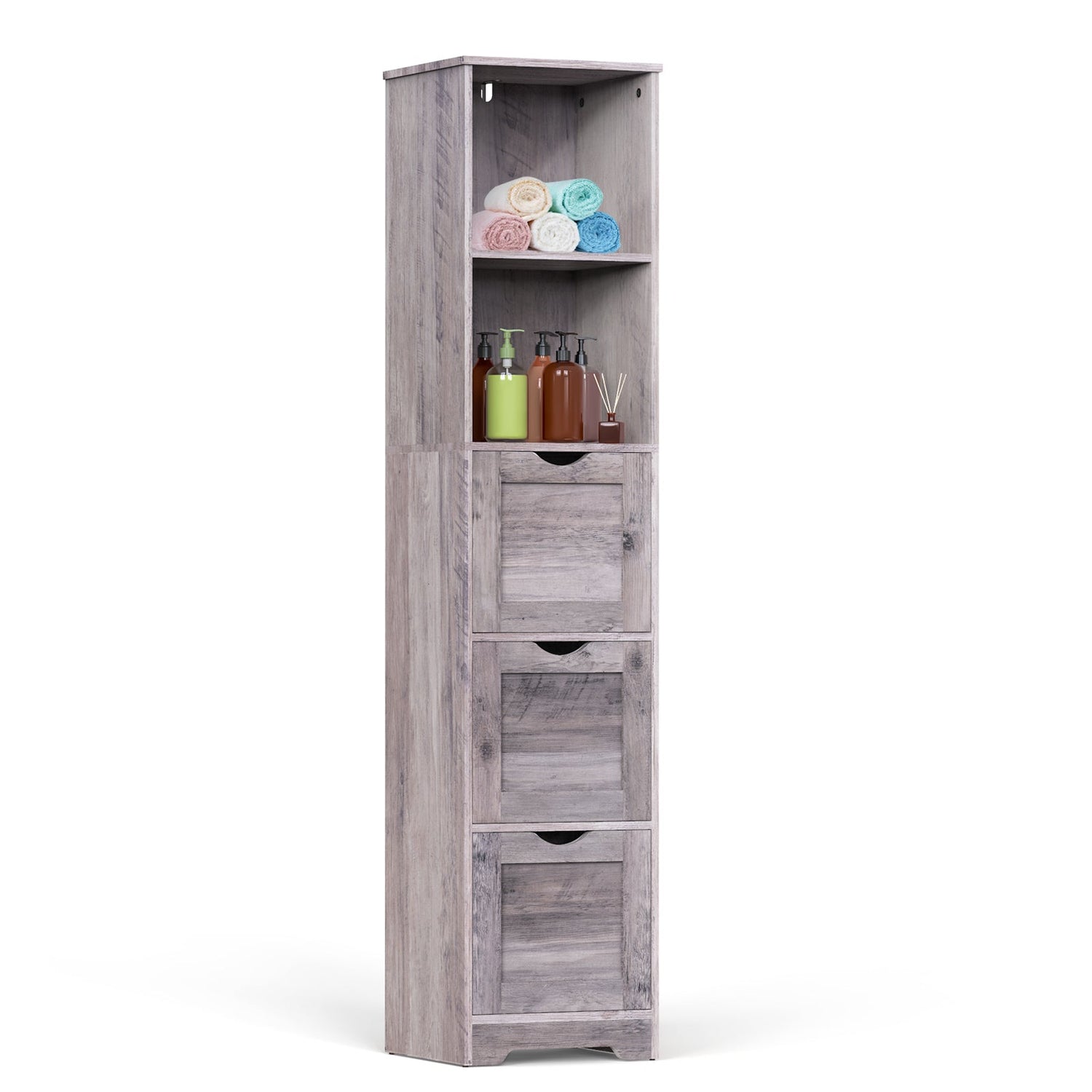 Bathroom Floor Cabinet with 3 Drawers 2 Shelves, Tall Narrow Bathroom Kitchen Pantry Storage Cabinet with Open Compartment Grey