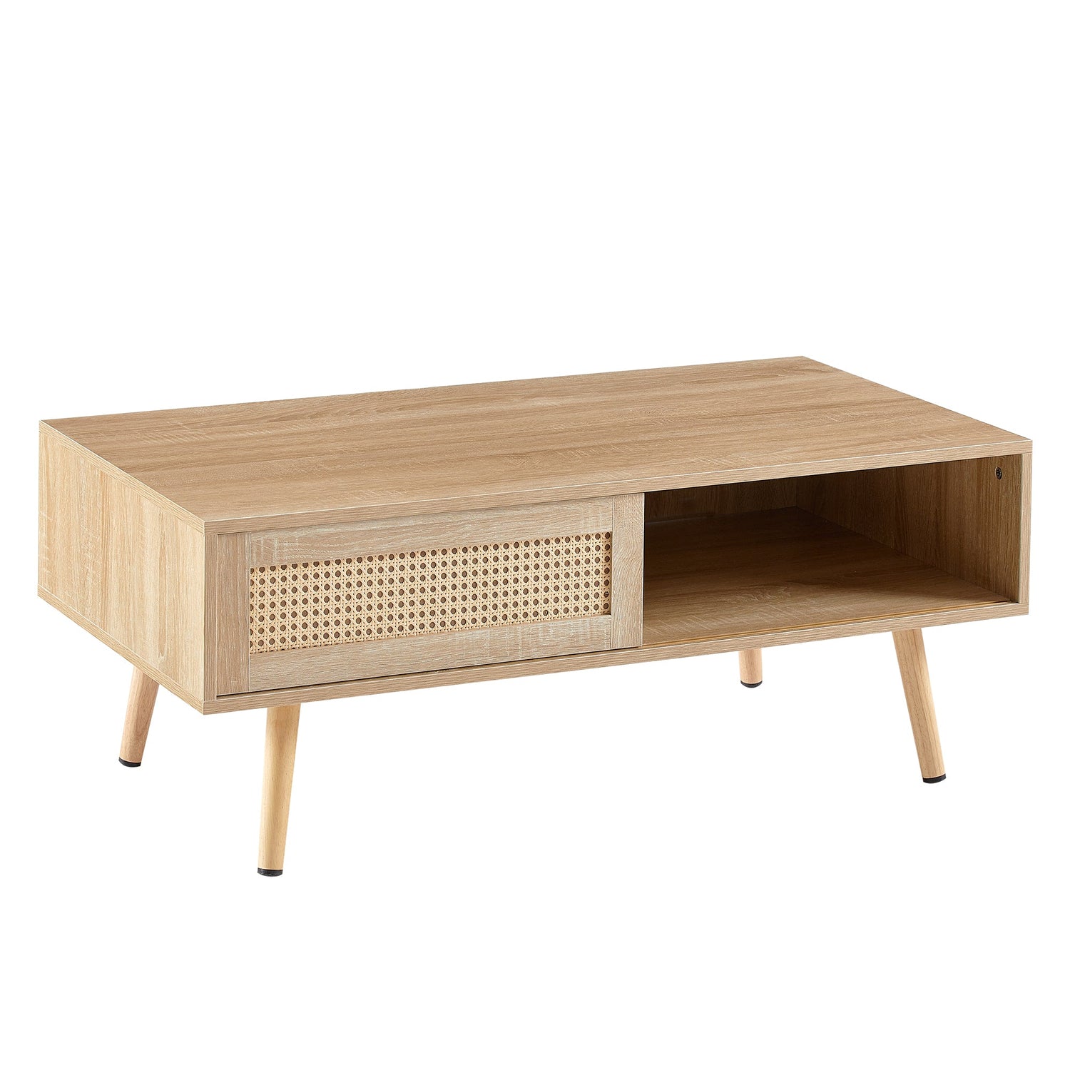 41.34" Rattan Coffee table sliding door for storage solid wood legs Modern table for living room  natural