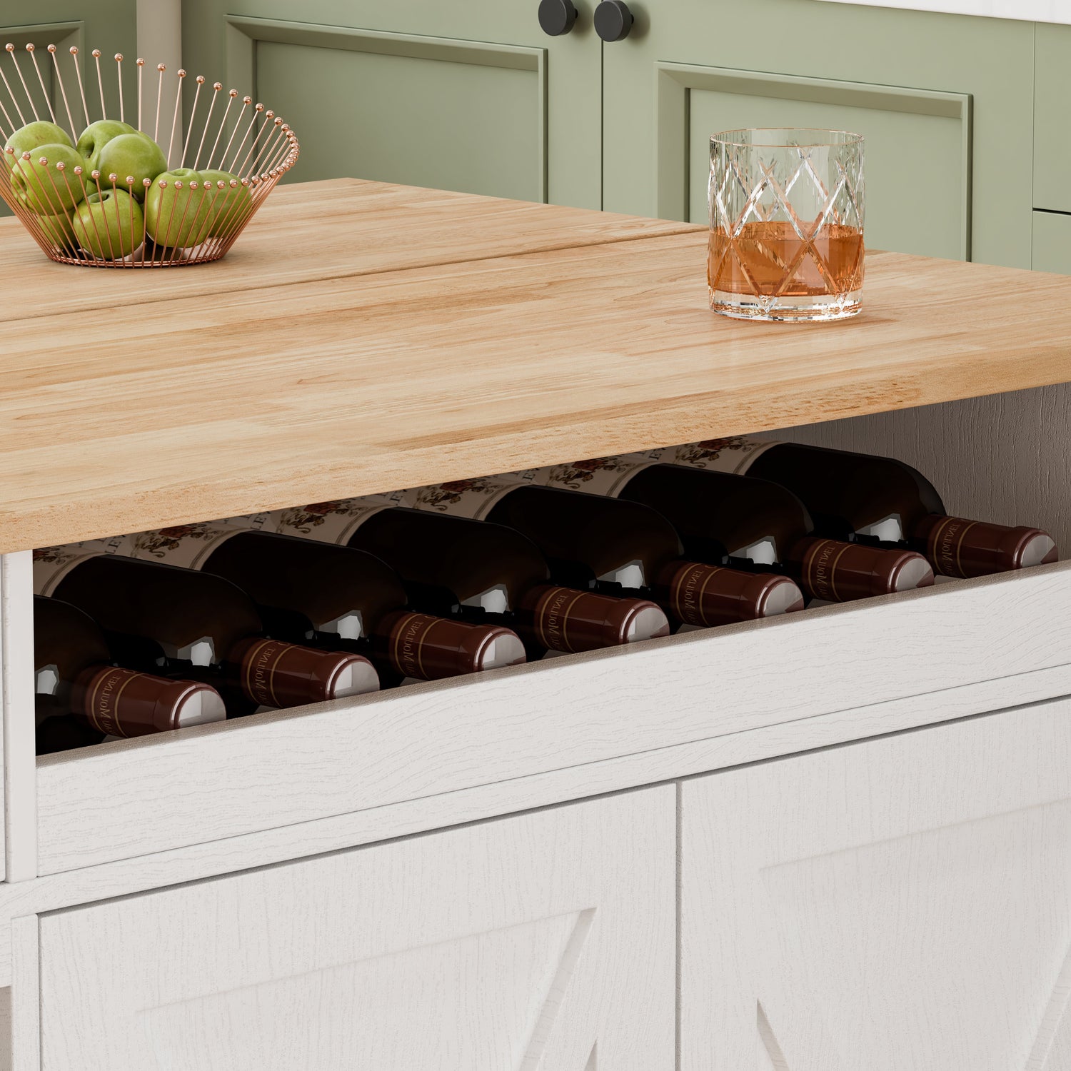 44 Inch Kitchen Island Cart with Solid Wood Top, Wine Storage, Spice Rack, Towel Rack, Wine Glass Holder White &amp; Oak