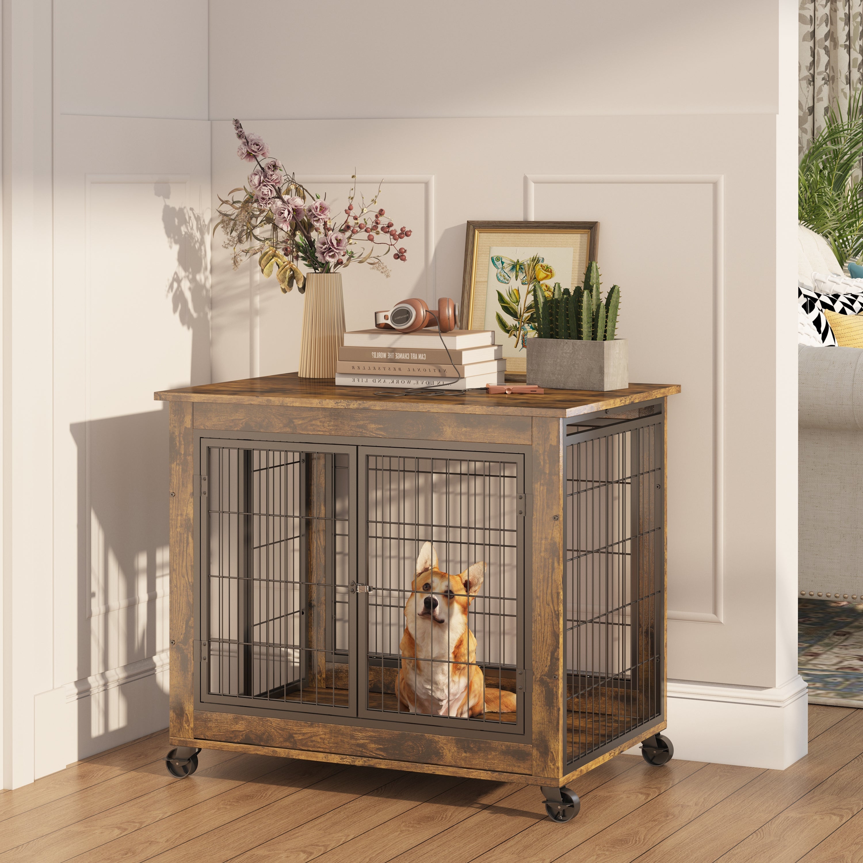 Furniture Style Dog Crate Side Table on Wheels with Double Doors and Lift Top. Rustic Brown, 31.50&