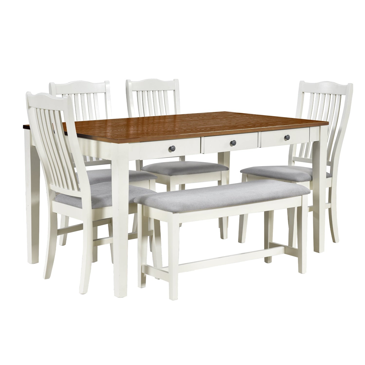 TOPMAX Mid-Century 6-Piece Wood Dining Table Set, Kitchen Table Set with Drawer  Upholstered Chairs and Bench  Butter Milk