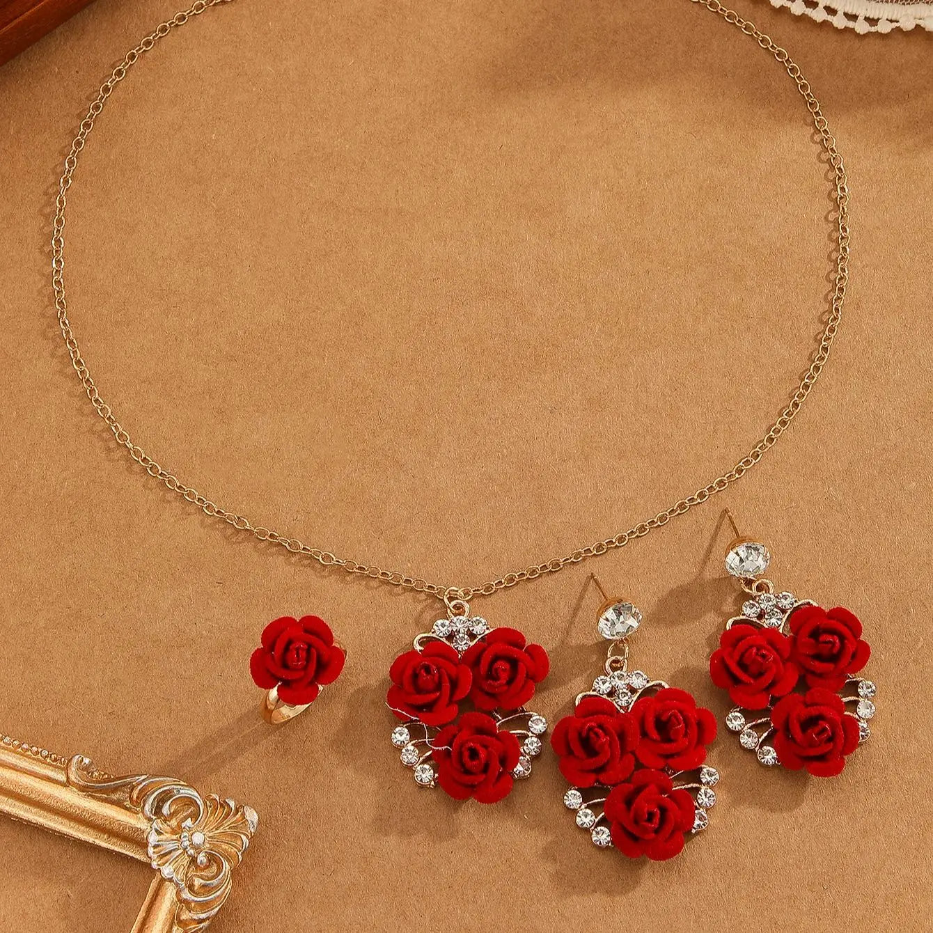 4pcs/Set Romantic Lovely Red Rose Flower Inlaid Rhinestone Pendant Necklaces+Dangle Earrings+Ring，For Women Valentine&