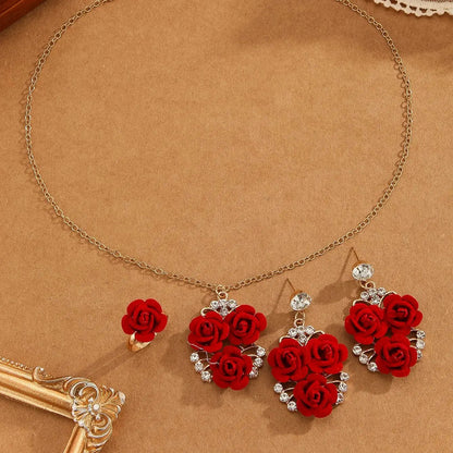 4pcs/Set Romantic Lovely Red Rose Flower Inlaid Rhinestone Pendant Necklaces+Dangle Earrings+Ring，For Women Valentine&