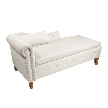 Beige Chaise Lounge Indoor Velvet Lounge Chair for Bedroom with Storage &amp; Pillow Modern Upholstered Rolled Arm Chase Lounge