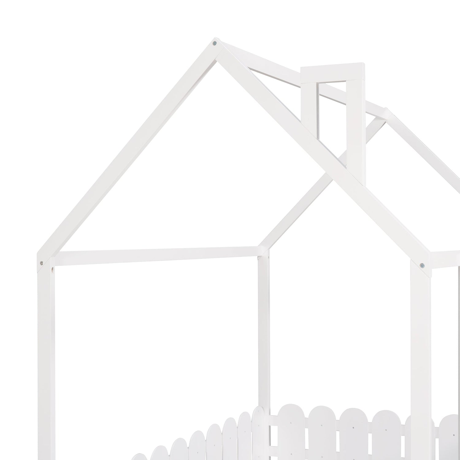 (Slats are not included) Full Size Wood Bed House Bed Frame with Fence for Kids Teens Girls Boys (White )