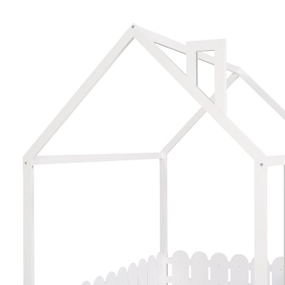 (Slats are not included) Full Size Wood Bed House Bed Frame with Fence for Kids Teens Girls Boys (White )