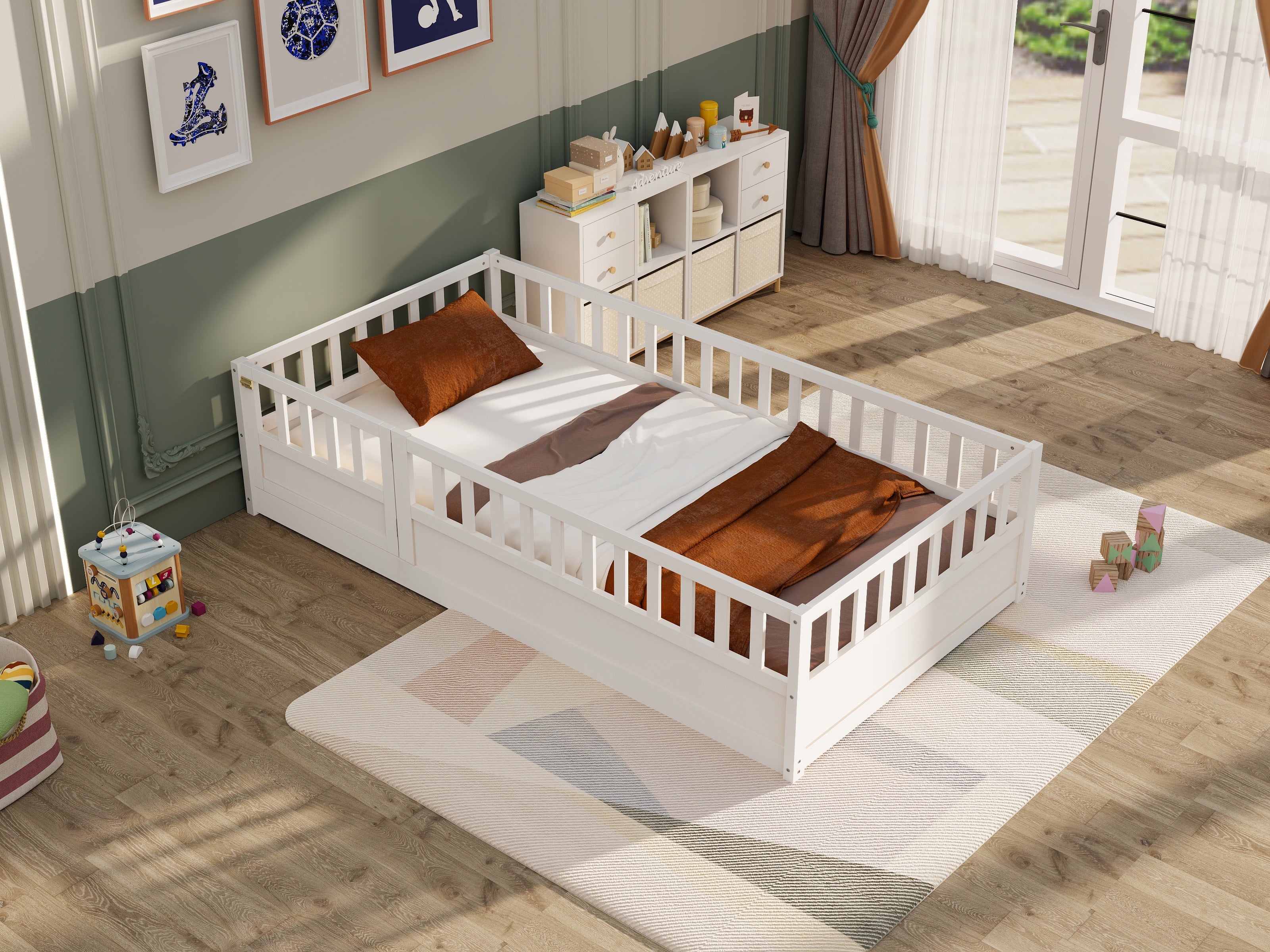 Double bed floor standing bed with ultra-high safety barrier, children&