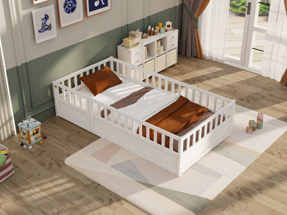 Double bed floor standing bed with ultra-high safety barrier, children&