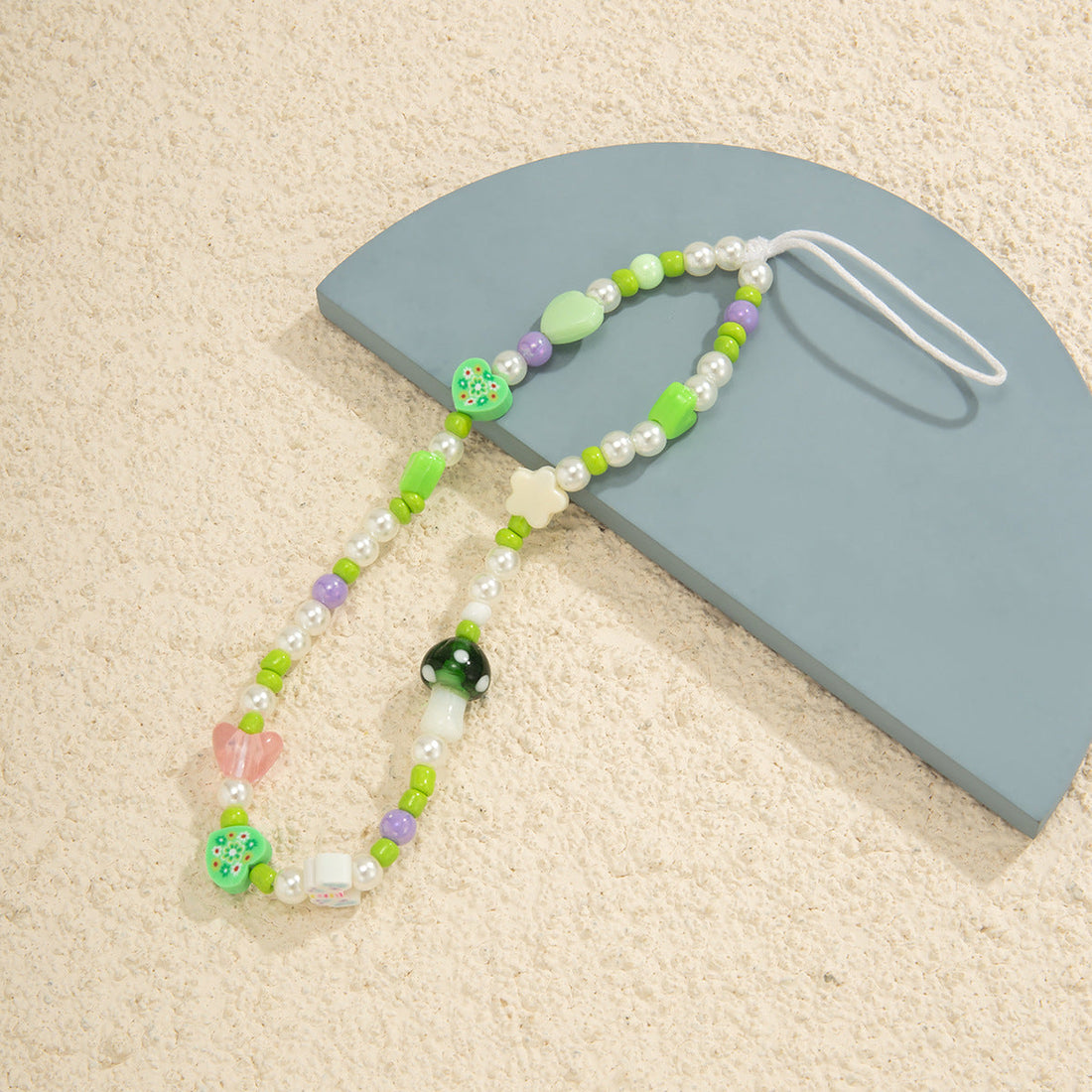 Minimally contrasting color patchwork bag, handmade hanging rope, ethnic style bead mushroom hanging decoration