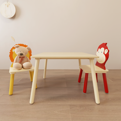 Kids Table and 2 Chairs Set 3 Pieces Toddler Table and Chair Set Wooden Activity Play Table Set (Lion&amp;Monkey)