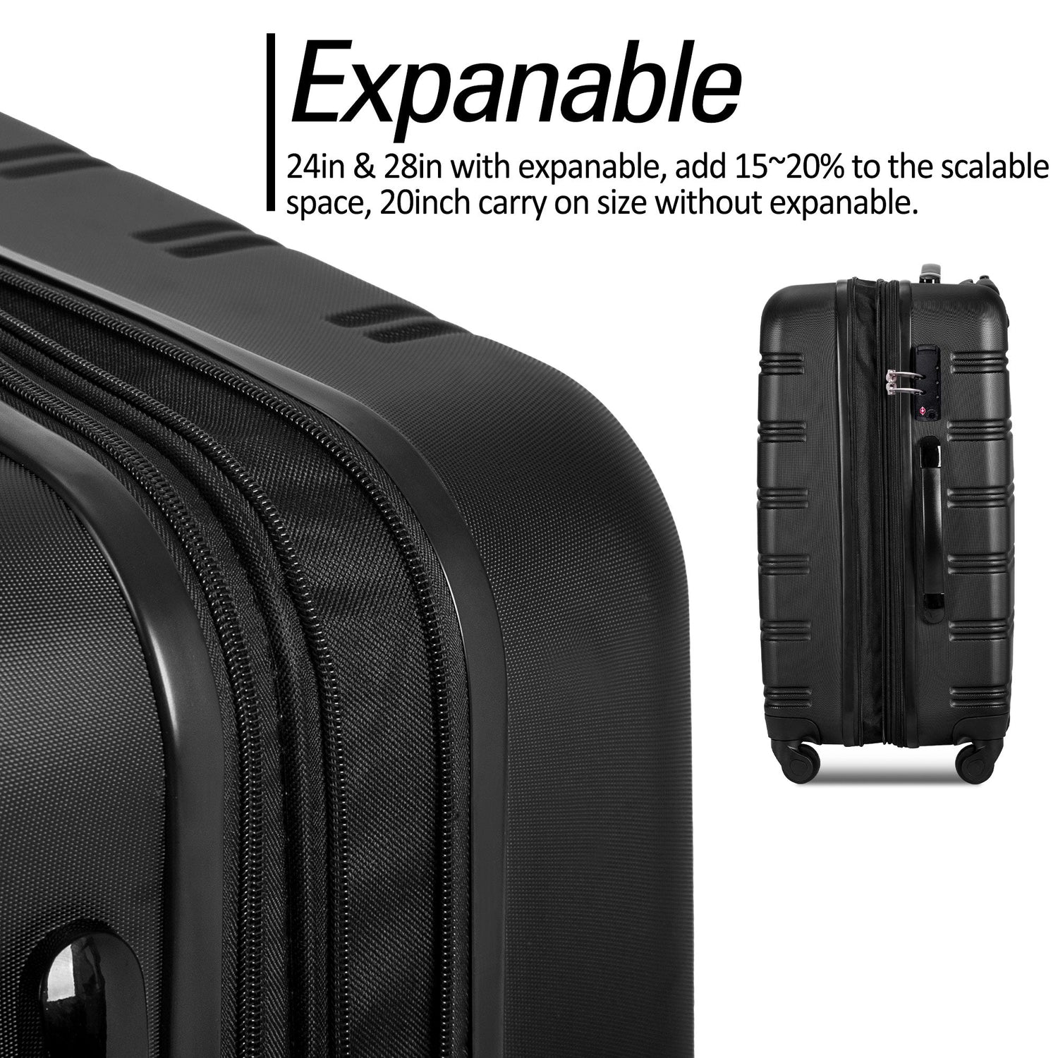Black 3 Piece Luggage Set Hardside Spinner Suitcase with TSA Lock 20" 24&