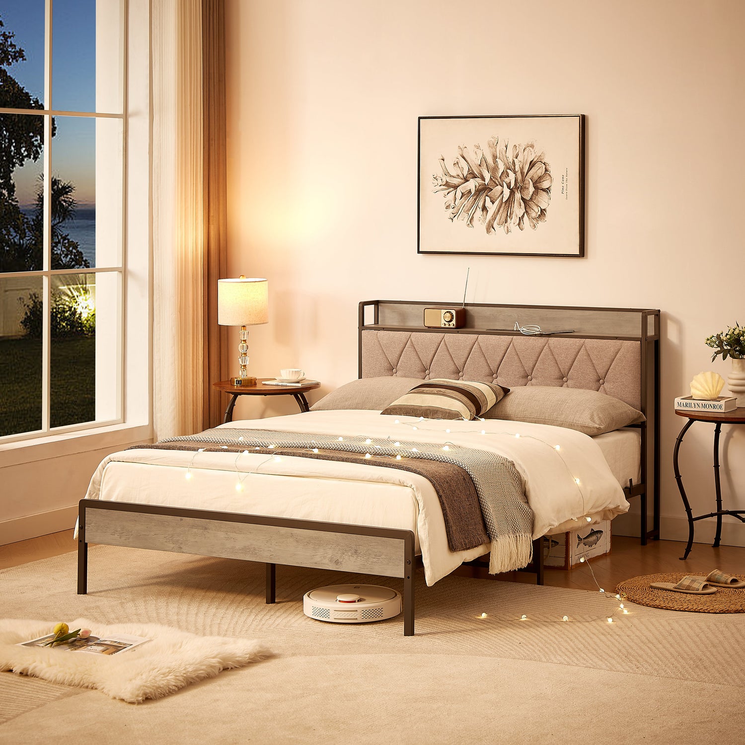 Bed frame with charging station full size, Grey, 83.1&