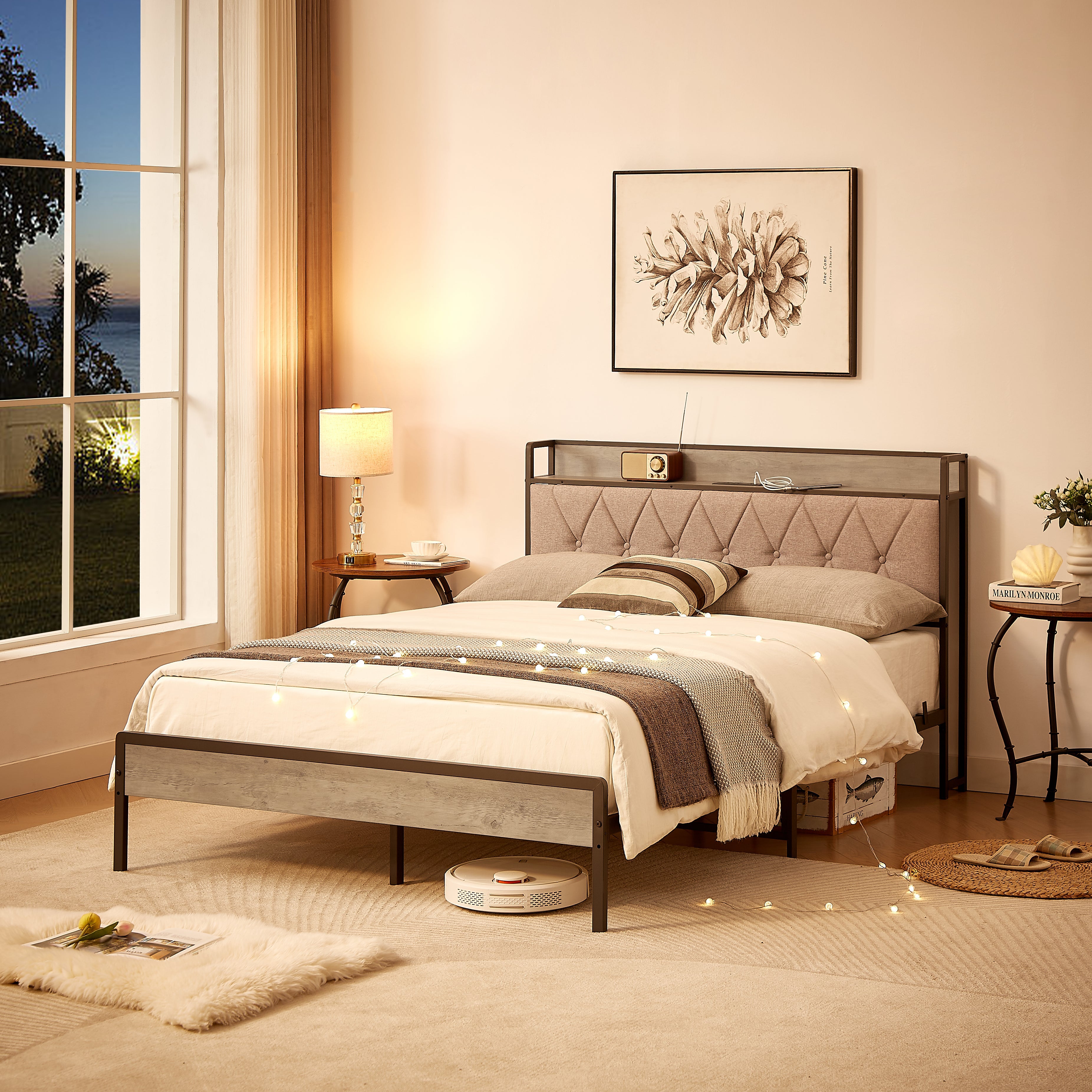 Bed frame with charging station full size, Grey, 83.1&