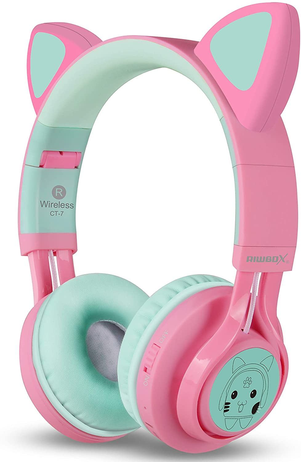 CT-7 Cat Ear Kids Bluetooth Headphones, LED Light up Bluetooth Wireless over Ear Headphones with Microphone and Volume Control for Travel/School/Smartphones/Laptop/Pc/Tv (Pink&amp;Green)
