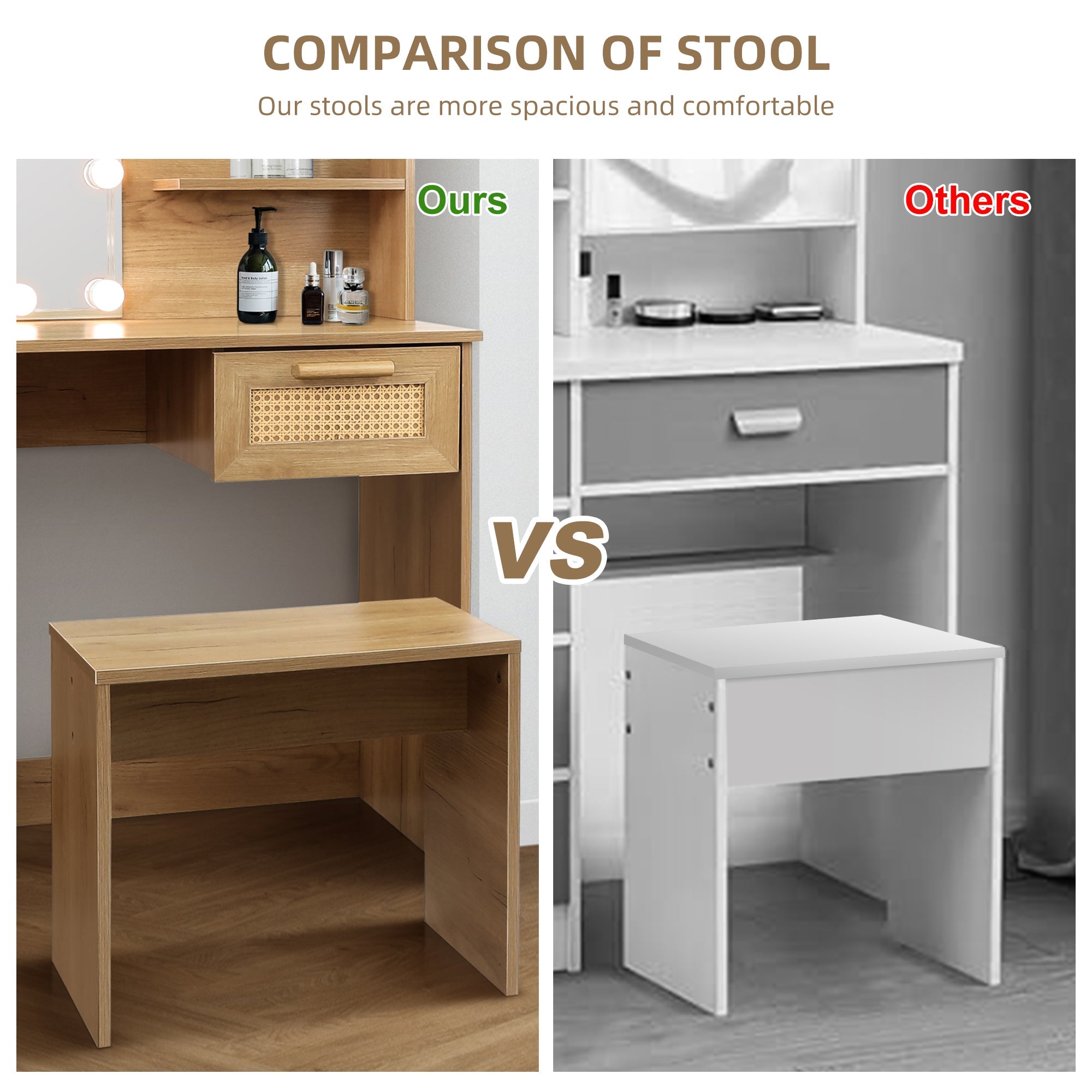 Vanity Desk Set Stool &amp; Dressing Table with LED Lighting Mirror Drawer and Wood Cosmetic Table Chest of Drawers Nature Color