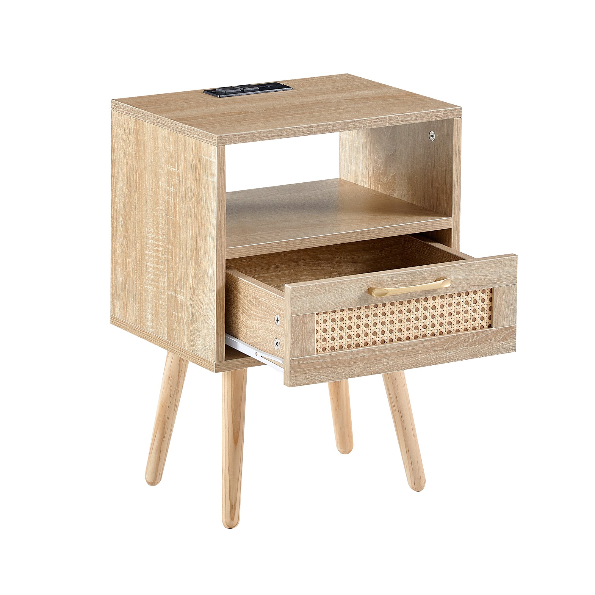 15.75" Rattan End table with Power Outlet &amp; USB Ports  Modern nightstand with drawer and solid wood legs