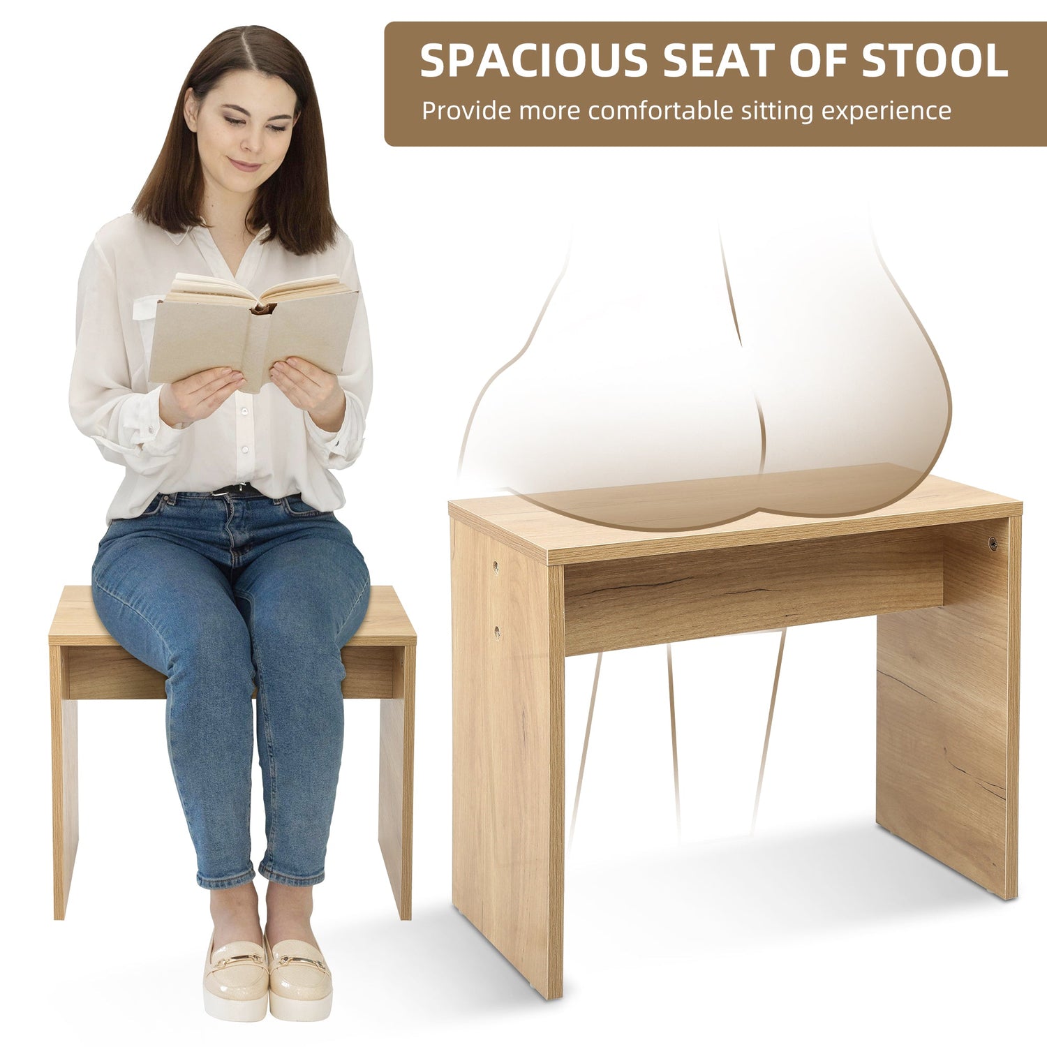 Vanity Desk Set Stool &amp; Dressing Table with LED Lighting Mirror Drawer and Wood Cosmetic Table Chest of Drawers Nature Color