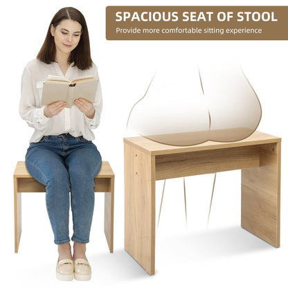 Vanity Desk Set Stool &amp; Dressing Table with LED Lighting Mirror Drawer and Wood Cosmetic Table Chest of Drawers Nature Color