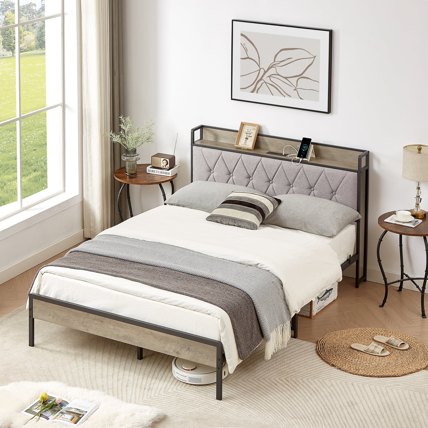 Bed frame with charging station full size, Grey, 83.1&
