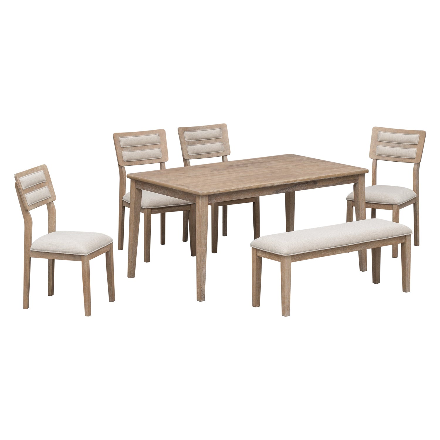 TREXM Classic and Traditional Style 6 - Piece Dining Set, Includes Dining Table, 4 Upholstered Chairs &amp; Bench (Natural Wood Wash）