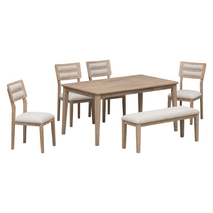 TREXM Classic and Traditional Style 6 - Piece Dining Set, Includes Dining Table, 4 Upholstered Chairs &amp; Bench (Natural Wood Wash）