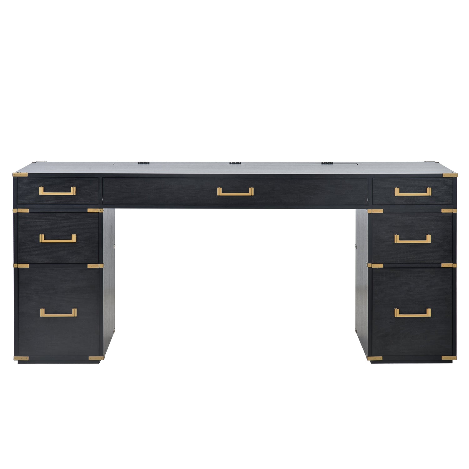 70 inch classic and traditional executive desk with metal trim, writing desk with 2 file drawers, USB ports, and sockets, black