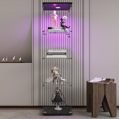 4 LED light glass display cabinets with door shelves, floor standing antique bookshelf, 64.7 "* 16.7" * 14.3 ", black